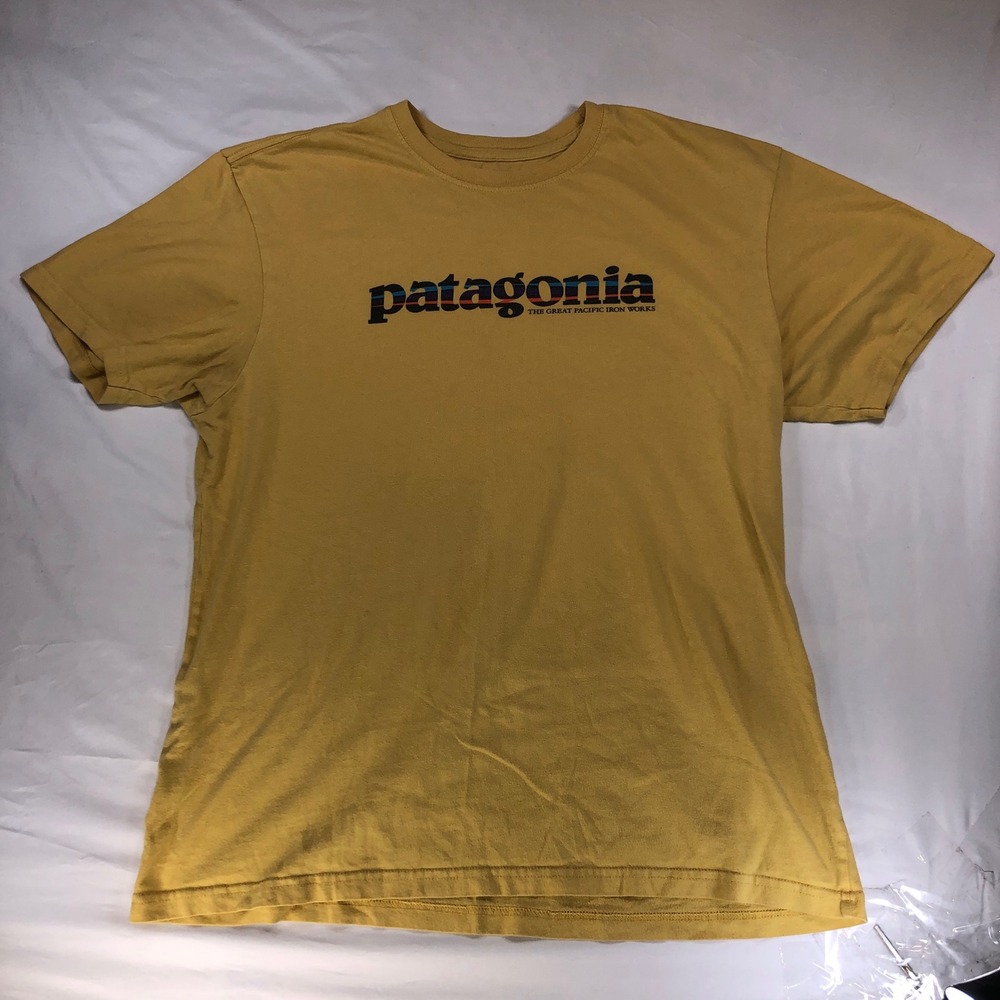 Patagonia Mens Large Yellow Great Pacific Iron Works Graphic T-Shirt Regular Fit